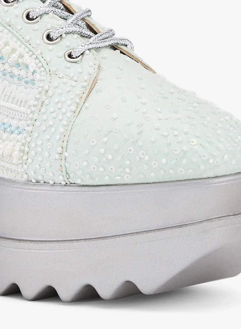 Anaar Anaar Mist Me Wedge Sneakers – Handcrafted Pastel Raw Silk Sneakers with Embroidery & Silver Wedge