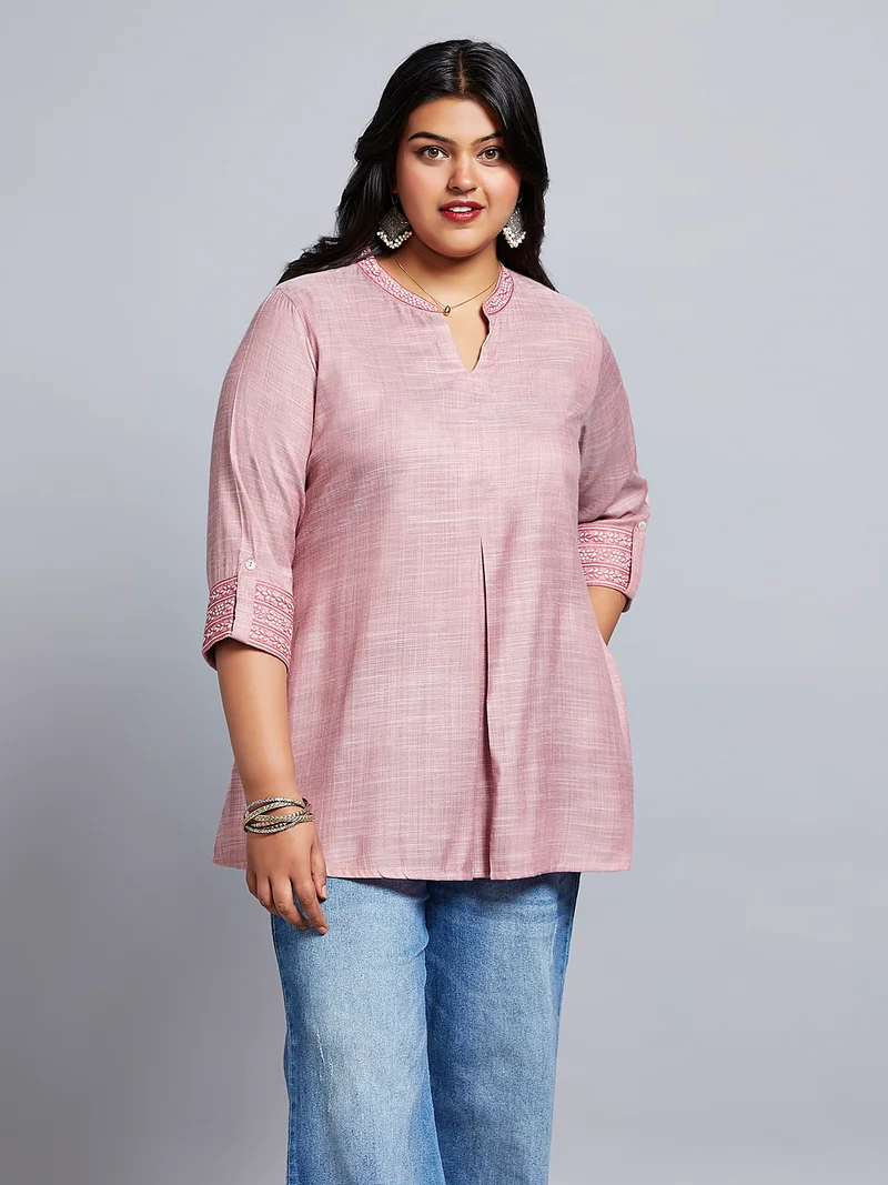 globus Gloplus Women Mandarin Collar Embroidered Sleeves Plus Size Workwear Tunic