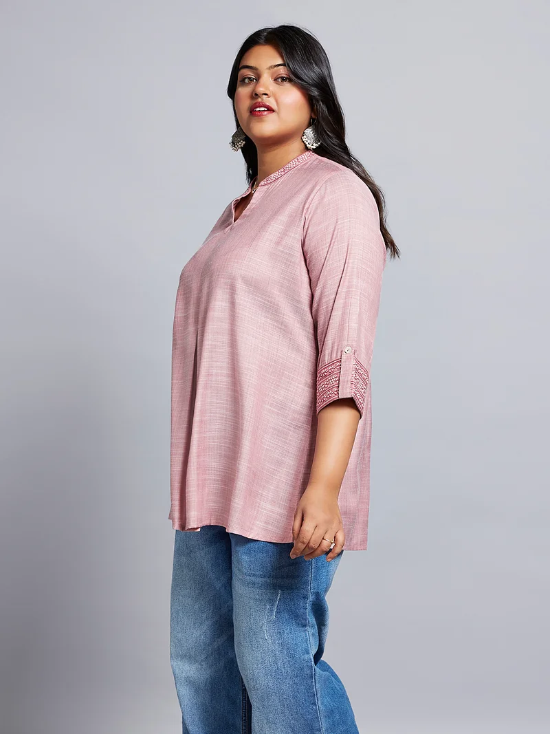 globus Gloplus Women Mandarin Collar Embroidered Sleeves Plus Size Workwear Tunic
