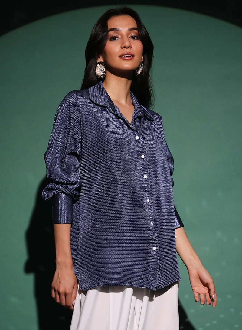 PINACOLADA  Women's Navy Blue Textured-Pleat Shirt For Casual Wear | Spread Collar | Long Sleeve | Button Closure | Shirt Designed With Comfortable Fit For Woman & Girls for Women | Best Price UAE