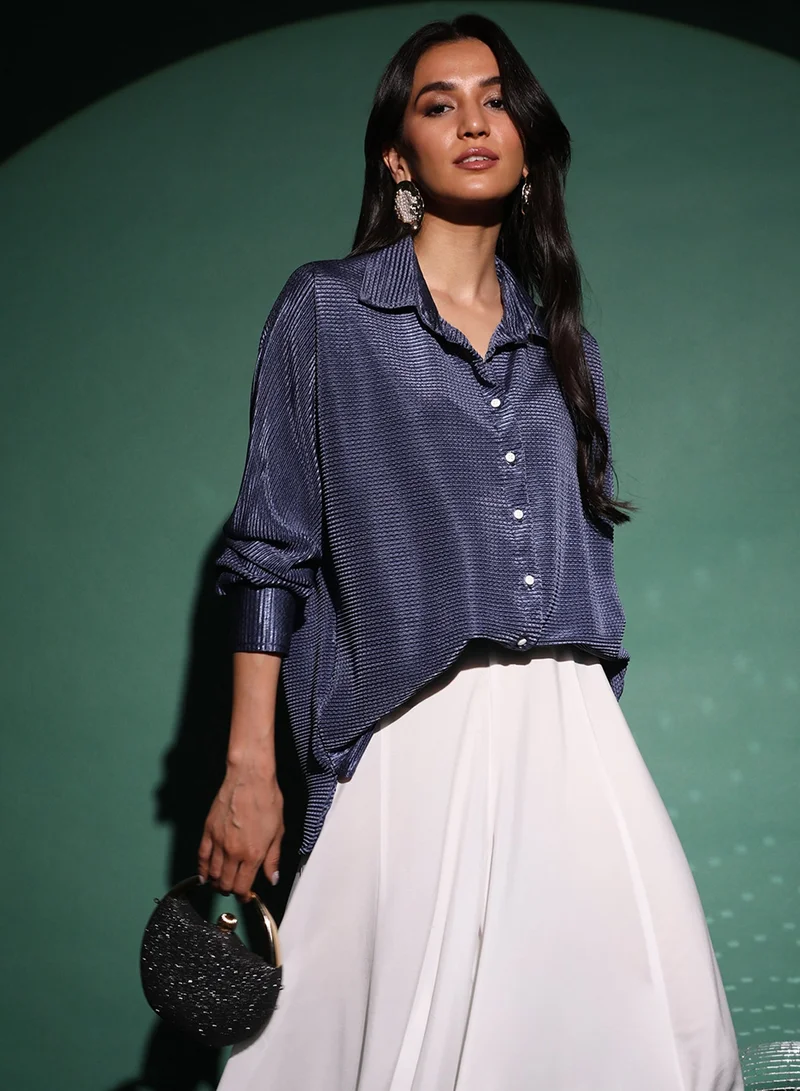 PINACOLADA Women's Navy Blue Textured-Pleat Shirt For Casual Wear | Spread Collar | Long Sleeve | Button Closure | Shirt Designed With Comfortable Fit For Woman & Girls