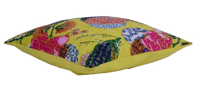 BOHEKANT Cotton Kantha Cushion Cover Hand Stitched Embroidery Decorative Printed Pillow Cover Square Shape Indian 16X16 Inches Boho Cushion06 2 - Image 3