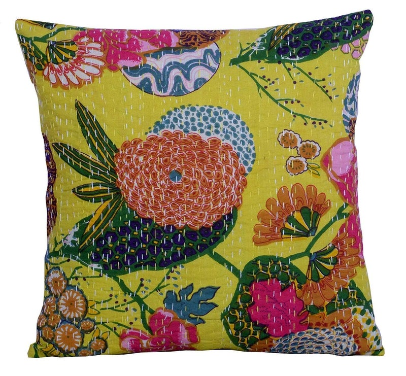 BOHEKANT Cotton Kantha Cushion Cover Hand Stitched Embroidery Decorative Printed Pillow Cover Square Shape Indian 16X16 Inches Boho Cushion06 2 - Image 1
