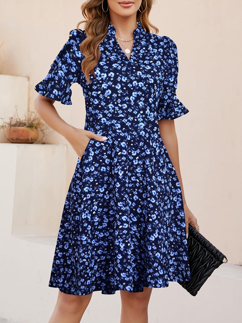 Mokayee Church Dresses for Womens 2026 Floral Summer Short Sleeve V Neck Semi-Formal Fit and Flare Swing Cocktail Knee Length A Line Business Casual Professional Ladies Work Wedding Guest Dress XL - Image 2