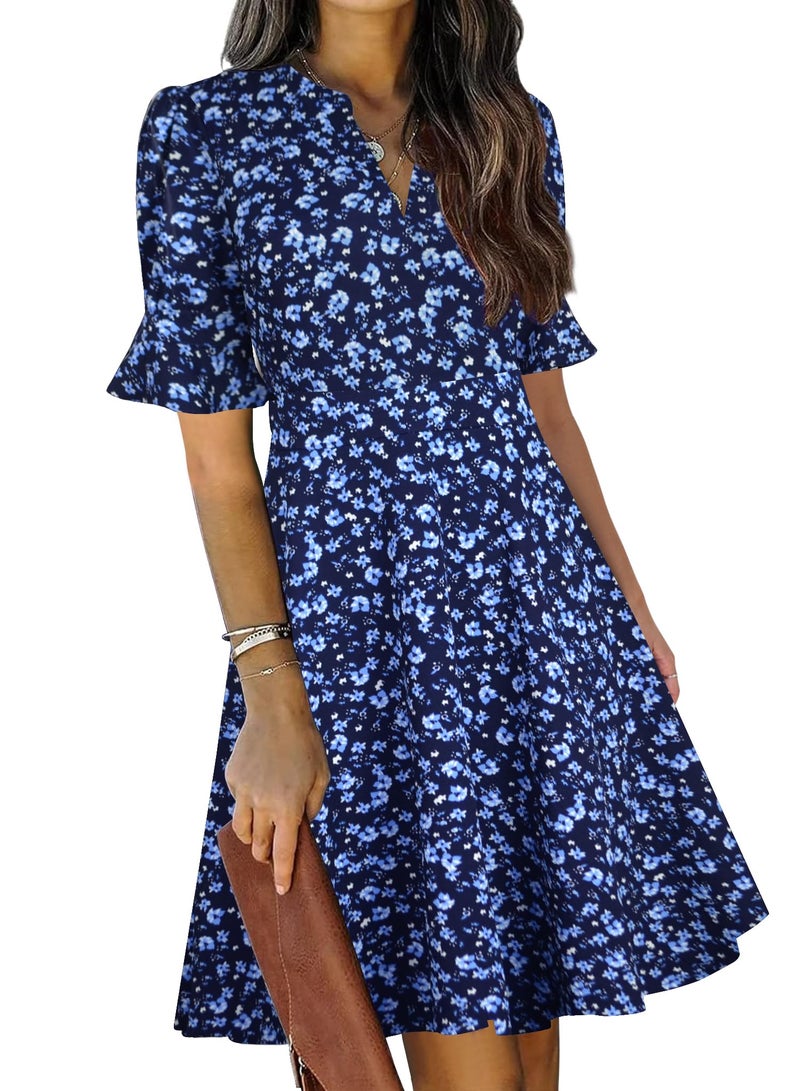 Mokayee Church Dresses for Womens 2026 Floral Summer Short Sleeve V Neck Semi-Formal Fit and Flare Swing Cocktail Knee Length A Line Business Casual Professional Ladies Work Wedding Guest Dress XL - Image 1