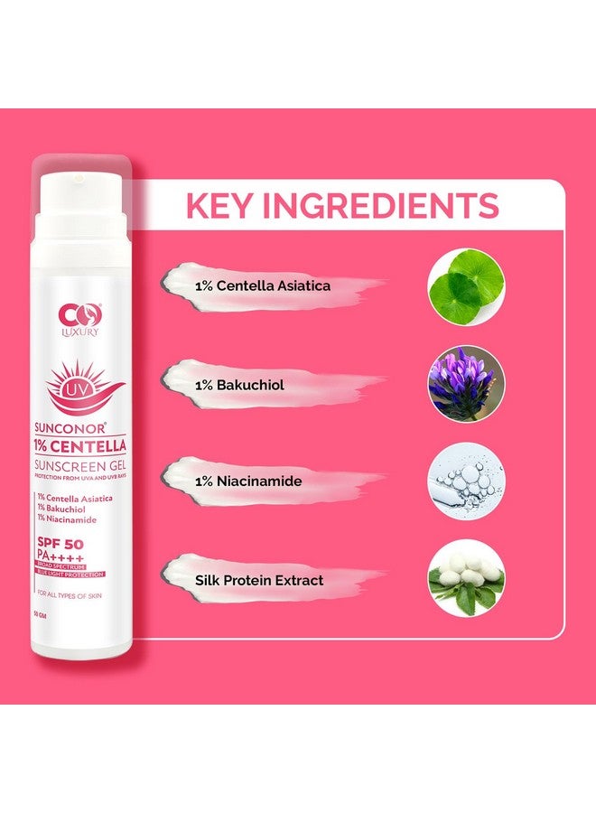 CO LUXURY Centella & Niacinamide Sunscreen SPF 50 PA++++ | Lightweight, Water-Resistant Gel for Oily & Acne-Prone Skin | No White Cast, Controls Oil | 50gm for Men & Women - Image 4