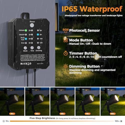 COLOER All-in-One Low Voltage Landscape Lighting Kit, 8 Pack 5W Die-cast Aluminum Landscape Lights with Transformer and Connectors, IP65 Waterproof Outdoor Spot Lights for Pathway Yard Garde - Image 5