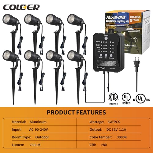 COLOER All-in-One Low Voltage Landscape Lighting Kit, 8 Pack 5W Die-cast Aluminum Landscape Lights with Transformer and Connectors, IP65 Waterproof Outdoor Spot Lights for Pathway Yard Garde - Image 4