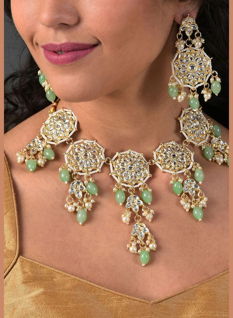 SOHI Gold Plated Kundan & Beads Necklace and Earrings Set