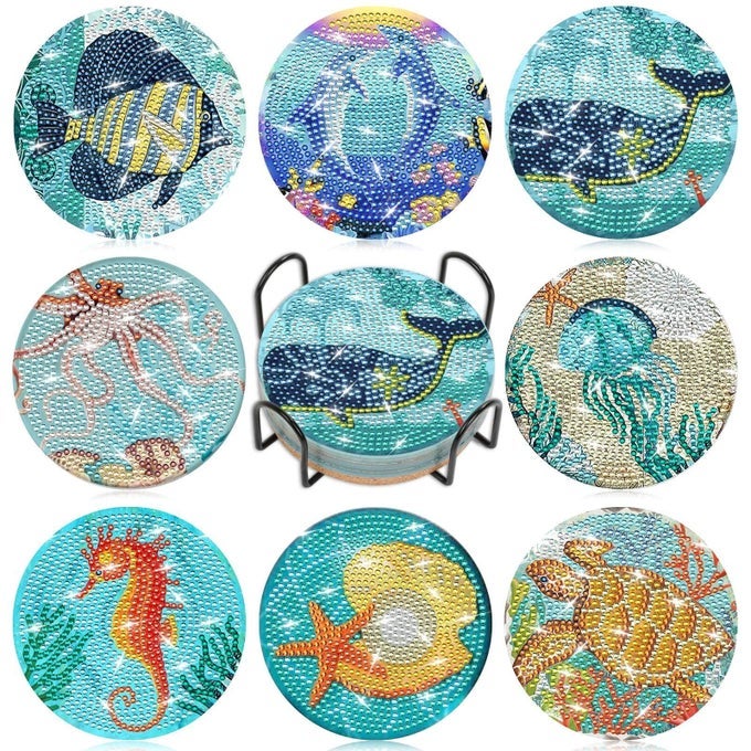8 Pieces Diamond Painting Coasters Kit with Holder Diamond Art Coasters DIY Diamond Art Crafts Projects Diamond Dot Kits for Adults and BeginnersOcean Style