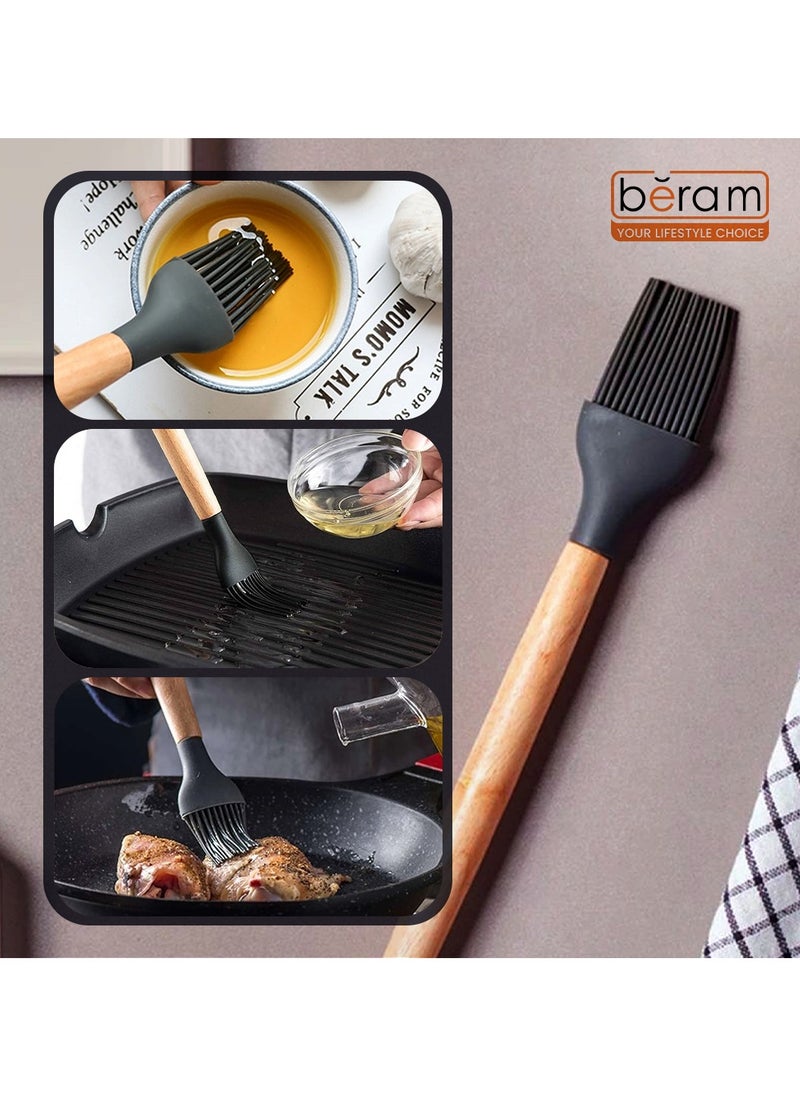 Beram - Silicone Basting Barbecue Brush with Wooden Handle, Heat-Resistant, Non-Shedding Bristles for Grilling, Baking, and Cooking, Durable, Easy to Clean, Perfect for Oils, Marinades, Sauces, and Pastries, Black - Image 1