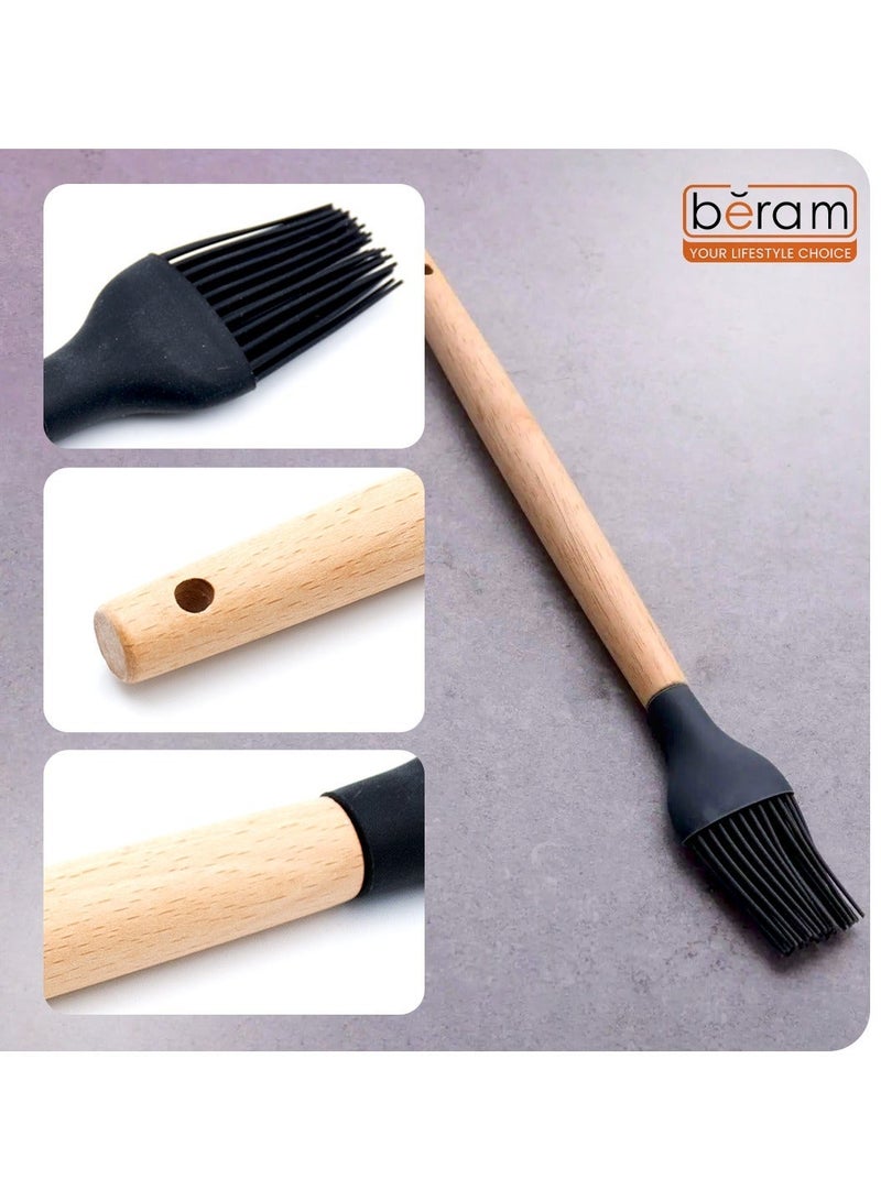 Beram Silicone Basting Barbecue Brush with Wooden Handle, Heat-Resistant, Non-Shedding Bristles for Grilling, Baking, and Cooking, Durable, Easy to Clean, Perfect for Oils, Marinades, Sauces, and Pastries, Black - Image 2