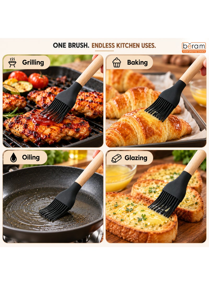 BERAM Silicone Basting Brush for Cooking, Baking & BBQ, Heat Resistant Pastry Brush with Natural Wooden Handle, Flexible Food Grade Silicone Bristles, Oil Butter Sauce Marinade Brush for Grilling, Black - Image 3