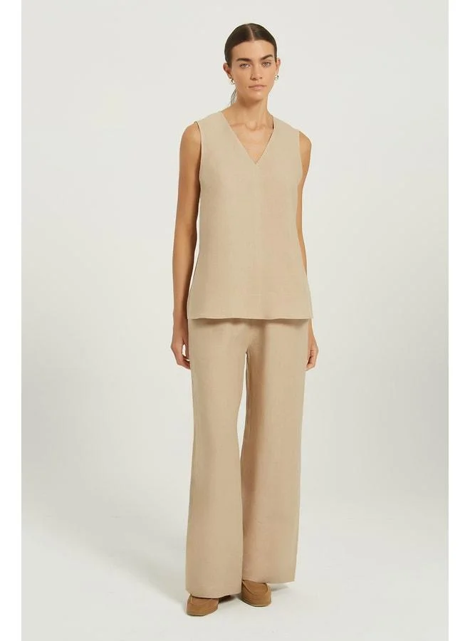 Mısırlı 1951 Beige V-Neck Blouse with Slit Detail in Linen.