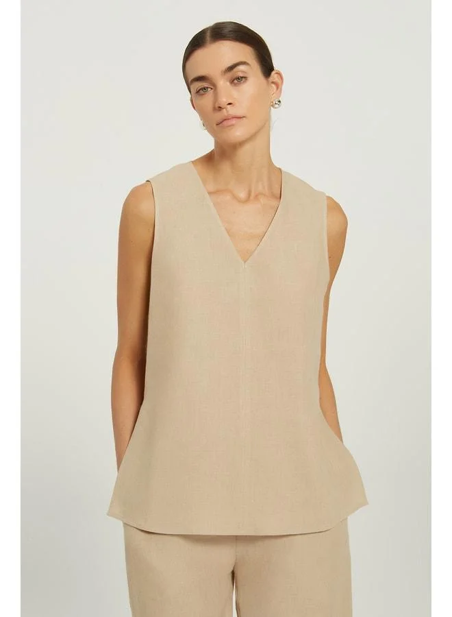 Mısırlı 1951 Beige V-Neck Blouse with Slit Detail in Linen.