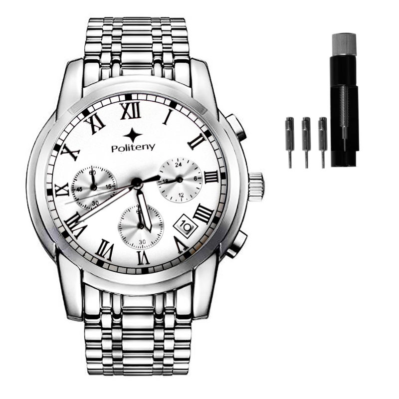 POLITENY Stainless Steel Quartz Stretch Band Watches for Men (Silver And White) - Image 1
