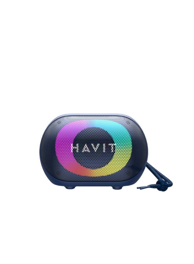هافيت مكبر صوت بلوتوث لاسلكي مقاوم للماء ببطارية تدوم 11 ساعة، مع إضاءة RGB وصوت ستيريو عالي الجودة، راديو FM، دعم USB وSD وAUX، مكالمات بدون استخدام اليدين وتأثيرات إضاءة ديناميكية – سماعة محمولة للرحلات والحفلات والاستخدام المنزلي – أزرق - Image 3