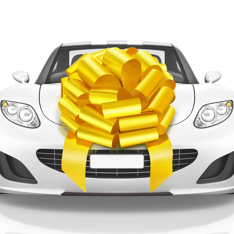 Mata1 Big Car Bow Yellow 23 inch Giant Gift Bows Big Bow for Car Big Yellow Bow Large Car Bow Big Gift Bow Car Pull Bow Huge Car Bows Car Ribbon Bows with 26 Loops and 4 Stickers