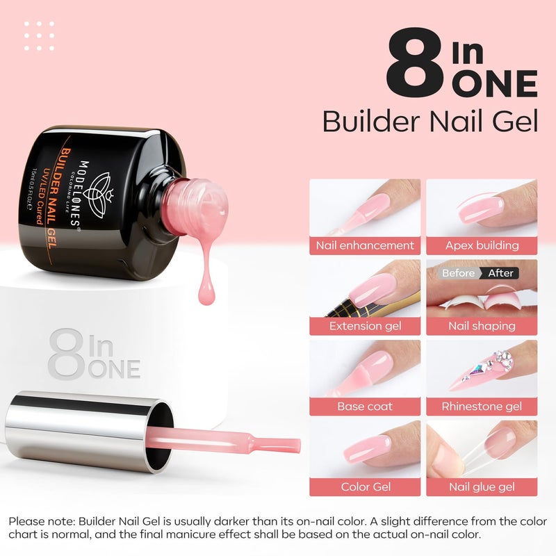 modelones Builder Nail Gel, 8-in-One Neutral Nude Pink Builder for Nail Thickening Apex Building, Rose Blush Pink Rubber Color Base LED Lamp Cured Strengthener Extend Hard Gel Polish for DIY Salon - Image 2