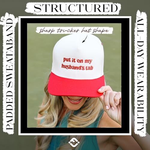 Funky Junque Cute Vintage Red Trucker Hat for Women Embroidered Adjustable Two Tone Snapback Baseball Cap - Put It on My Husbands Tab - Beige/Red - Image 5