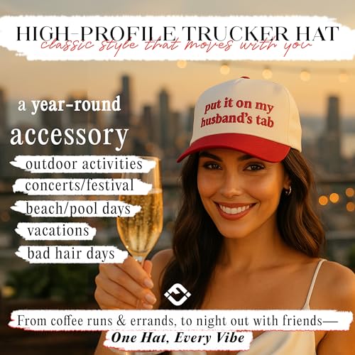 Funky Junque Cute Vintage Red Trucker Hat for Women Embroidered Adjustable Two Tone Snapback Baseball Cap - Put It on My Husbands Tab - Beige/Red - Image 2