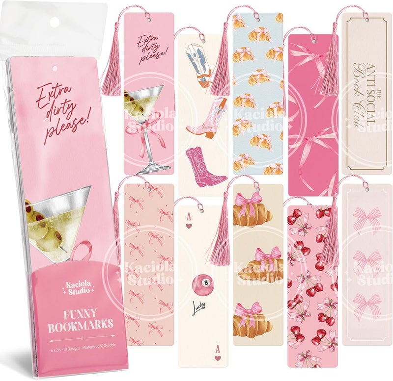 Kaciola Studio 10 PCS Pink Bow Bookmarks,Funny Bookmarks for Women,Double Sided Pink Romance Booklover Gifts,Cute Gifts for Romance Reader Friends Girls - Image 1