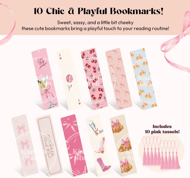 Kaciola Studio 10 PCS Pink Bow Bookmarks,Funny Bookmarks for Women,Double Sided Pink Romance Booklover Gifts,Cute Gifts for Romance Reader Friends Girls - Image 2