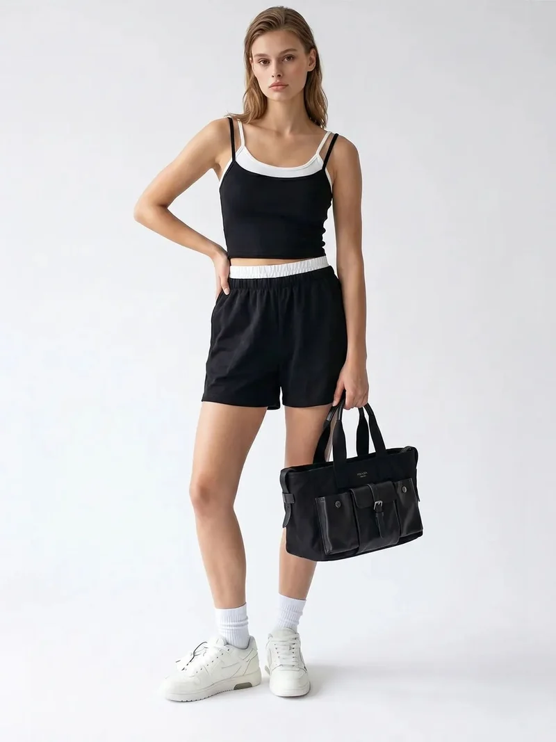 Mixray Black MIXRAY Two-Piece Crop T-Shirt And Shorts Set for Women | Best Price UAE
