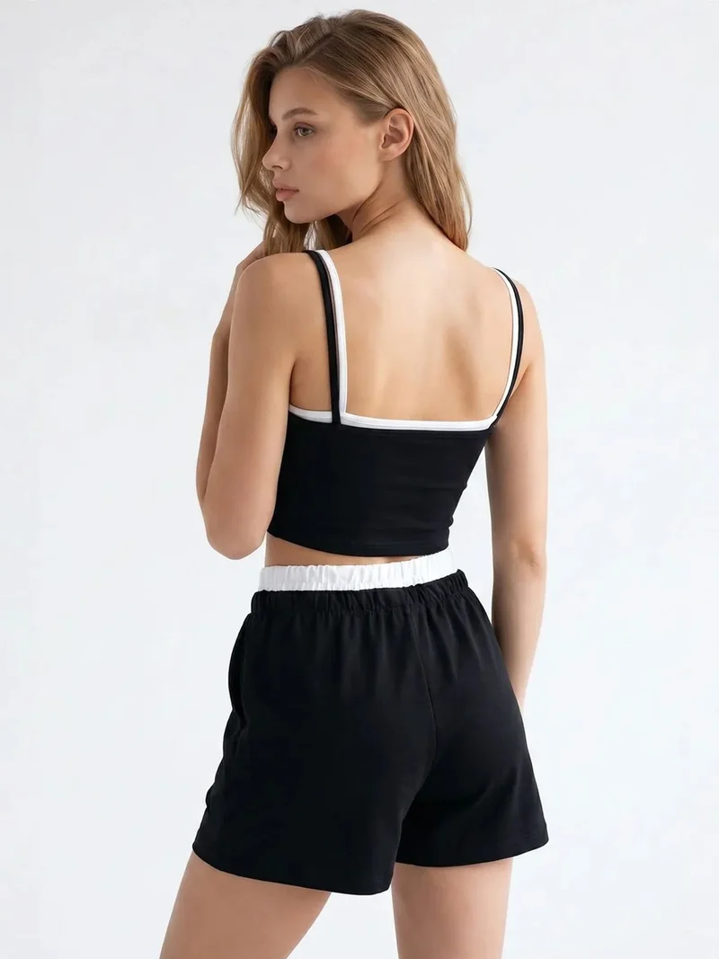 Mixray Black MIXRAY Two-Piece Crop T-Shirt And Shorts Set for Women | Best Price UAE