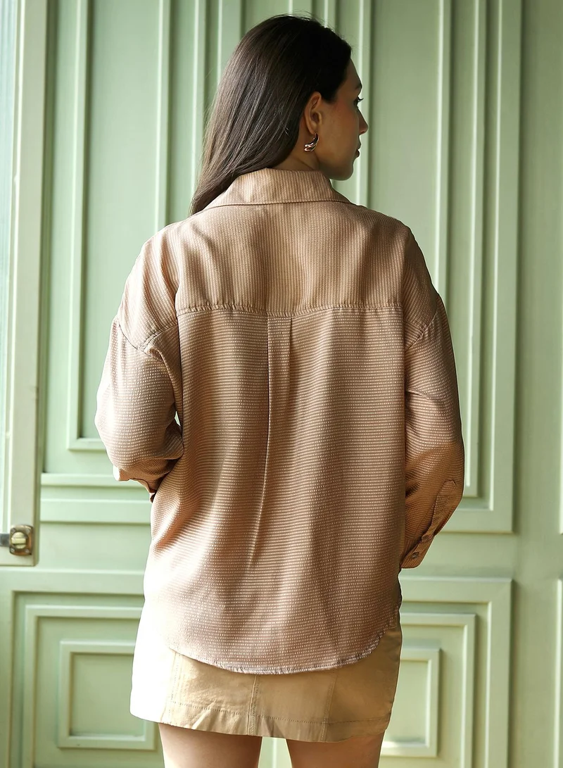 PINACOLADA  Women's Camel Brown Seersucker Oversized Shirt for Women | Best Price UAE
