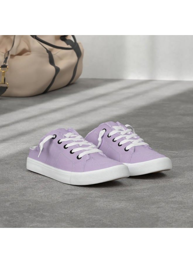 Obtaom Women Canvas Mules Memory Foam Clipper Fashion Sneakers Comfortable Slip-On Mule Backless Holiday Shoes, Purple, 6 - Image 2