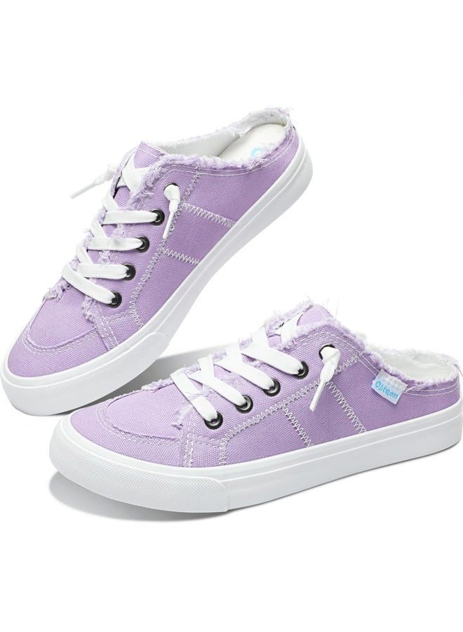 Obtaom Women Canvas Mules Memory Foam Clipper Fashion Sneakers Comfortable Slip-On Mule Backless Holiday Shoes, Purple, 6 - Image 1