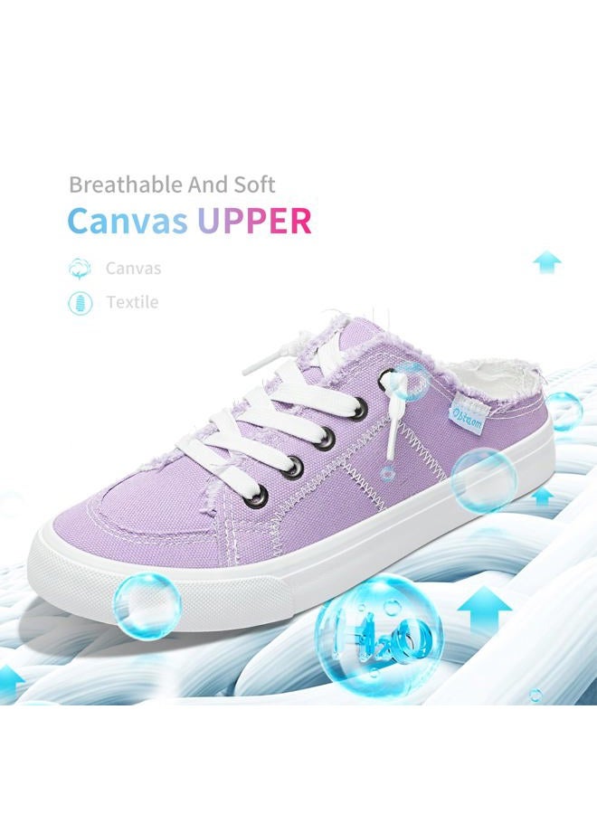 Obtaom Women Canvas Mules Memory Foam Clipper Fashion Sneakers Comfortable Slip-On Mule Backless Holiday Shoes, Purple, 6 - Image 4