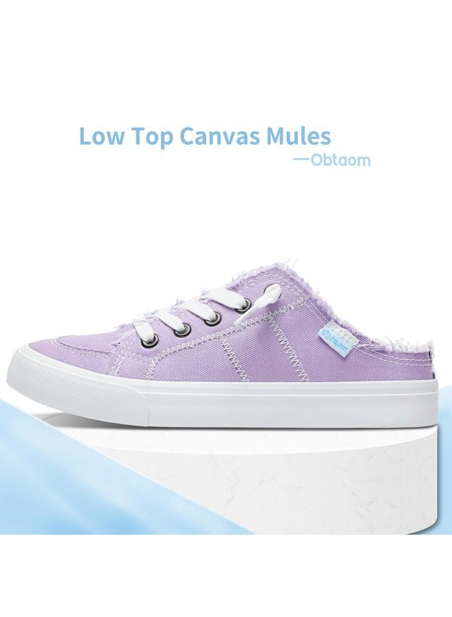 Obtaom Women Canvas Mules Memory Foam Clipper Fashion Sneakers Comfortable Slip-On Mule Backless Holiday Shoes, Purple, 6 - Image 3