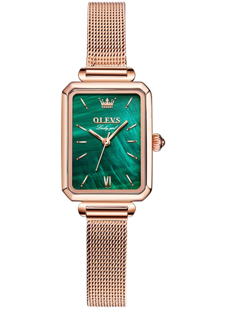 أوليفز ساعات نسائية أنيقة، ساعات مربعة كلاسيكية للنساء، ساعة مربعة بحجر أخضر، ساعات كوارتز تناظرية ذهبية للسيدات - Image 1