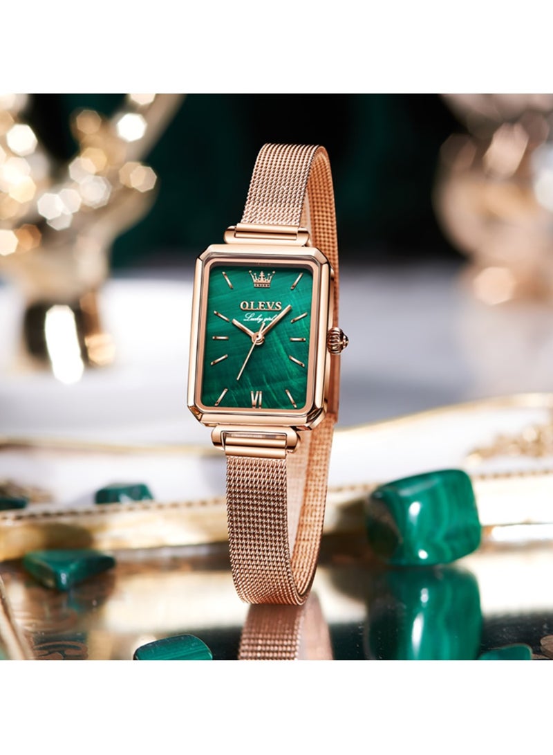 أوليفز ساعات نسائية أنيقة، ساعات مربعة كلاسيكية للنساء، ساعة مربعة بحجر أخضر، ساعات كوارتز تناظرية ذهبية للسيدات - Image 2