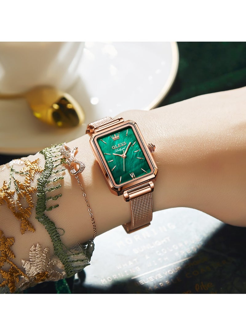 أوليفز ساعات نسائية أنيقة، ساعات مربعة كلاسيكية للنساء، ساعة مربعة بحجر أخضر، ساعات كوارتز تناظرية ذهبية للسيدات - Image 4