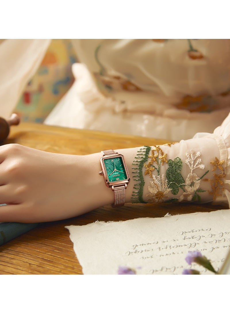 أوليفز ساعات نسائية أنيقة، ساعات مربعة كلاسيكية للنساء، ساعة مربعة بحجر أخضر، ساعات كوارتز تناظرية ذهبية للسيدات - Image 5