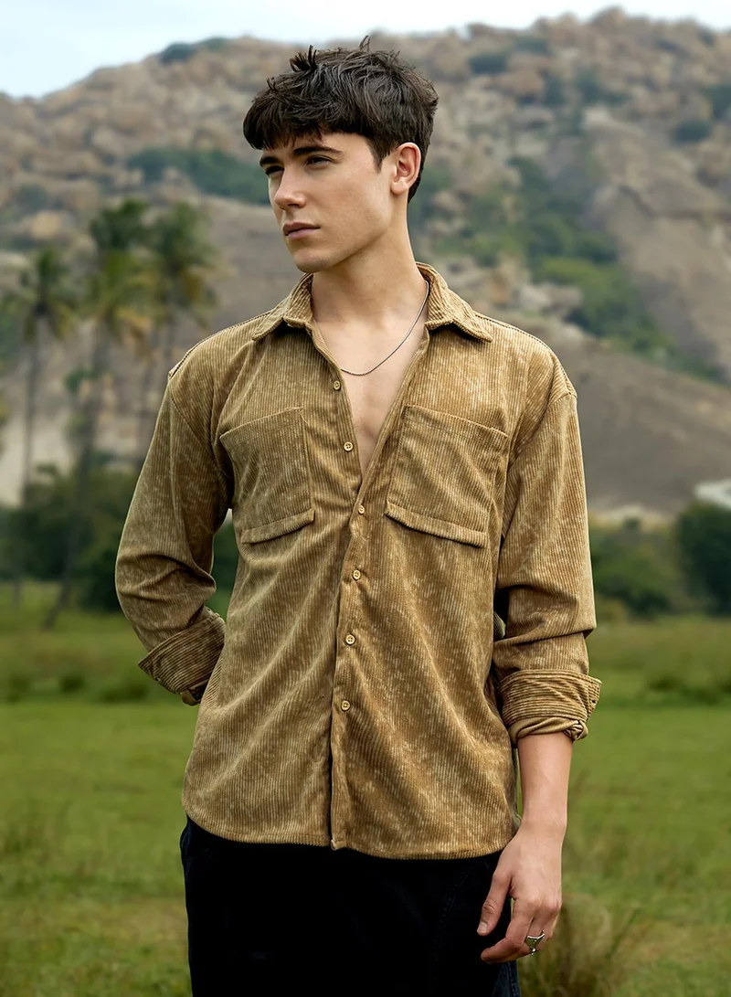 Campus Sutra Men's Olive Green Faded Corduroy Oversized Shirt