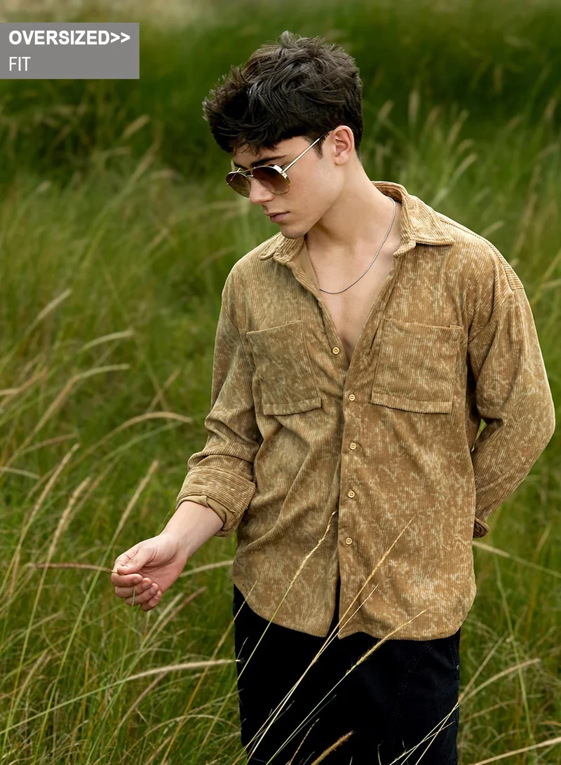 Campus Sutra Men's Olive Green Faded Corduroy Oversized Shirt