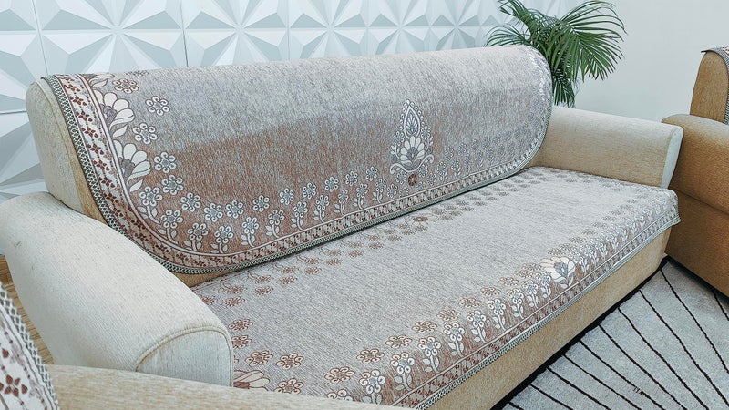 KREEVA Velvet Chenille Sofa Cover | for 5 Seater (3+1+1) Sofa | (Florida Ivory_1, 6 Piece Set) | Sofa Slipcovers - Image 5