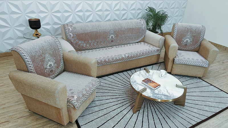 KREEVA Velvet Chenille Sofa Cover | for 5 Seater (3+1+1) Sofa | (Florida Ivory_1, 6 Piece Set) | Sofa Slipcovers - Image 2