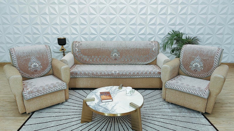 KREEVA Velvet Chenille Sofa Cover | for 5 Seater (3+1+1) Sofa | (Florida Ivory_1, 6 Piece Set) | Sofa Slipcovers - Image 4