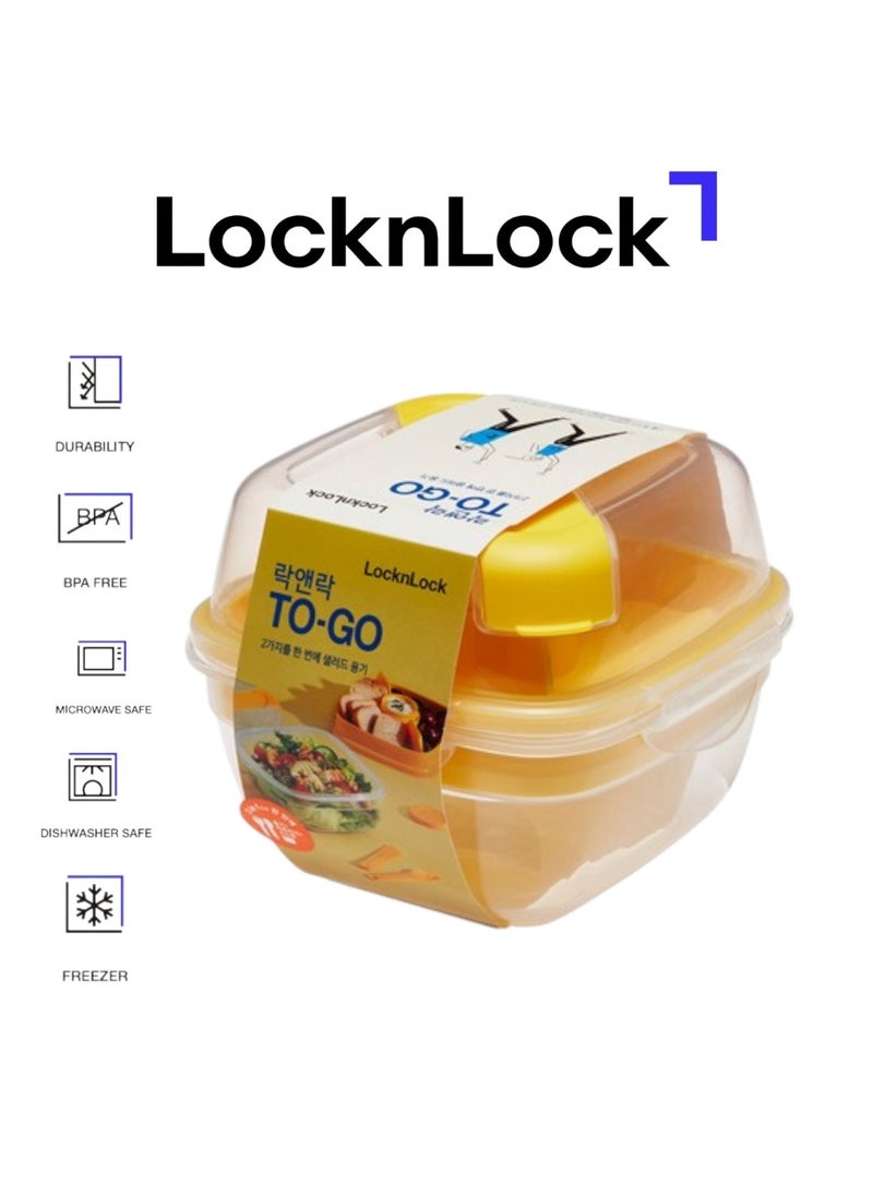 LOCK & LOCK LocknLock To-Go 2-in-1 Salad Box Yellow - Leak-Proof, BPA-Free Container with Removable Divider 