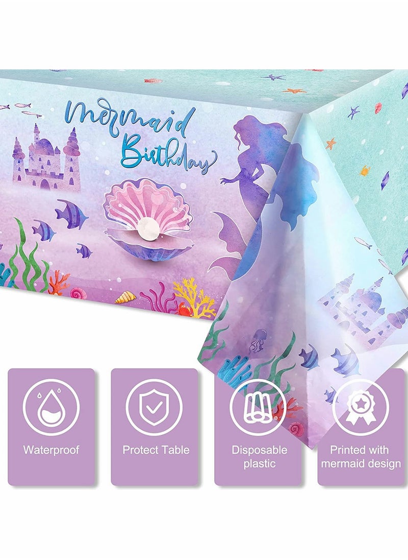 KASTWAVE - Mermaid Party Table Cloth, Plastic Table Cover, Rectangular PVC Tablecloth for Kids Girls Birthday Mermaid Party Supplies Decorations, Ocean Sea Party Decor Favors (3 Pack, 51 x 86.6 Inch) - Image 1