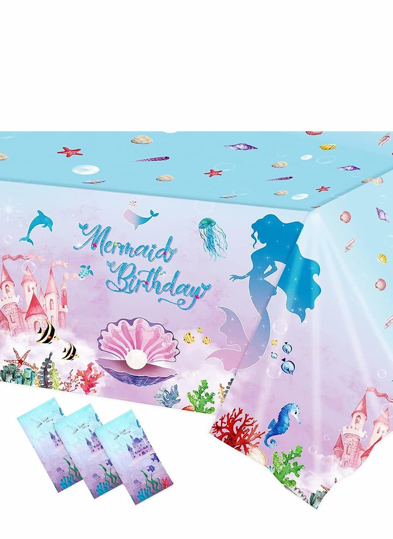 KASTWAVE - Mermaid Party Table Cloth, Plastic Table Cover, Rectangular PVC Tablecloth for Kids Girls Birthday Mermaid Party Supplies Decorations, Ocean Sea Party Decor Favors (3 Pack, 51 x 86.6 Inch) - Image 1