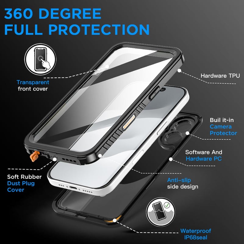 AICase Compatible with iPhone 17 Case Waterproof, Clear Water Proof Built-in Screen Protector Shockproof Dustproof Snowproof Full Body Rugged Underwater Phone Case with Lanyard - Image 5