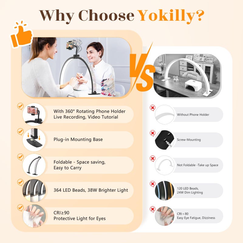 Yokilly Half Moon Light for Nail Desk: 29" Foldable Half Moon Nail Desk Lamp with Phone Holder for Beginner - Arch Tech Light with 3 Color Modes & 10 Brightness for Manicure Salon (Black Diamond, Large) - Image 2