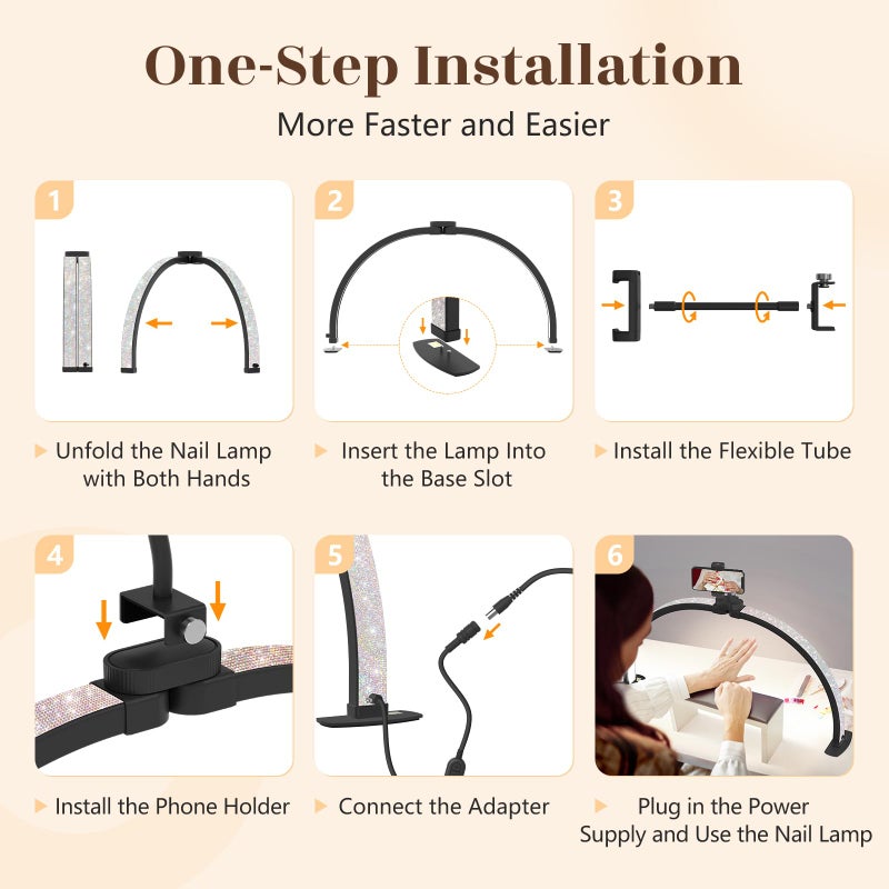 Yokilly Half Moon Light for Nail Desk: 29" Foldable Half Moon Nail Desk Lamp with Phone Holder for Beginner - Arch Tech Light with 3 Color Modes & 10 Brightness for Manicure Salon (Black Diamond, Large) - Image 5