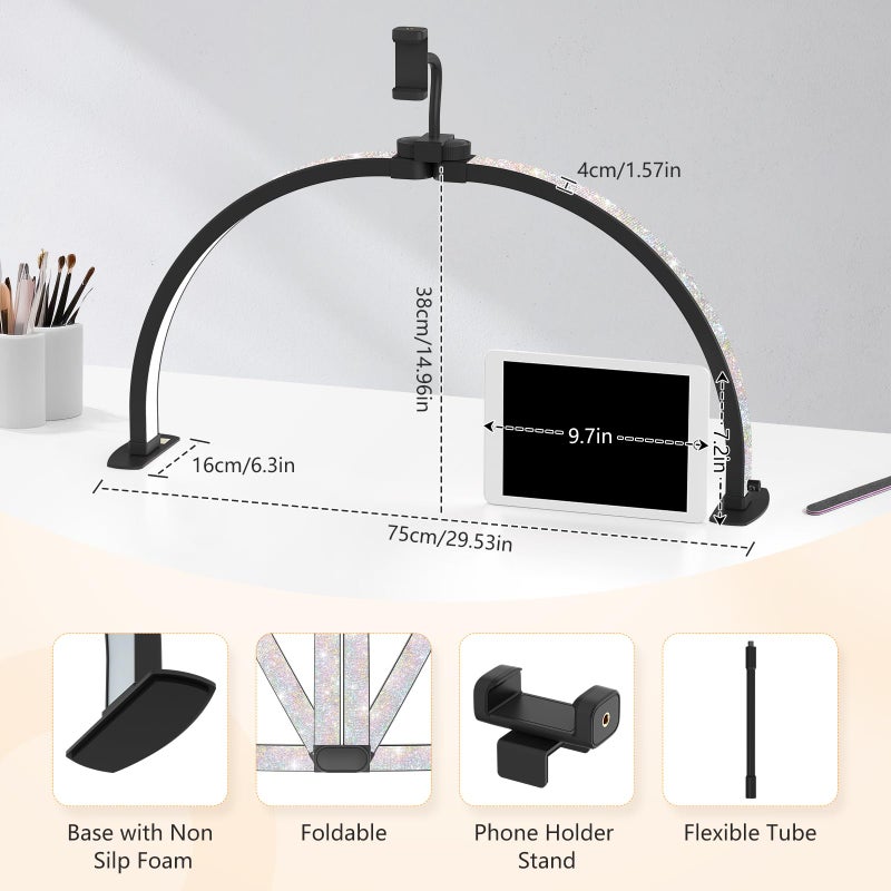 Yokilly Half Moon Light for Nail Desk: 29" Foldable Half Moon Nail Desk Lamp with Phone Holder for Beginner - Arch Tech Light with 3 Color Modes & 10 Brightness for Manicure Salon (Black Diamond, Large) - Image 4